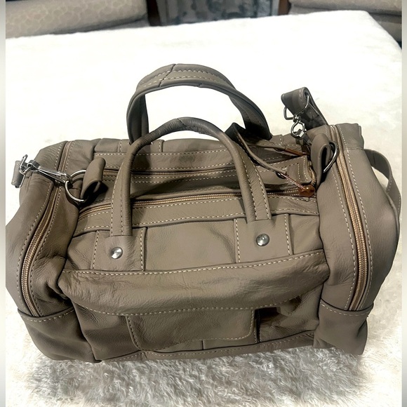 Vintage Handbags - Vintage Putty Small Leather Duffle Bag Crossbody Strap Mexico Puppy Carrier